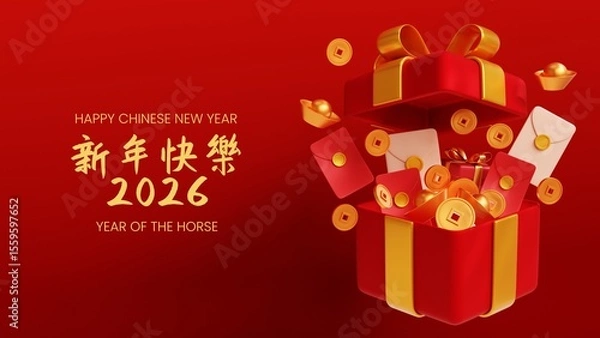Fototapeta Chinese new year 2026 year of the horse 3d render illustration on red background