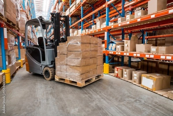 Obraz Forklift carrying cardboard boxes