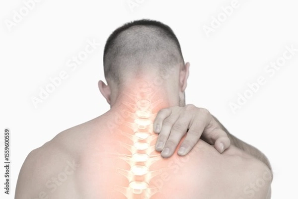 Obraz Highlighted shoulder pain of man
