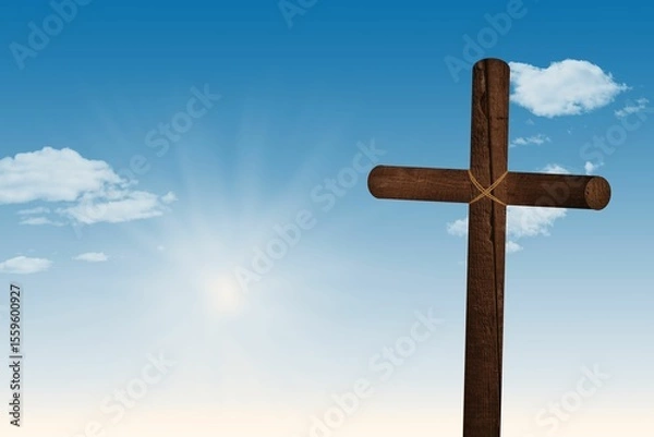 Obraz Flat design is showing rope-bound wooden cross against blue sky with sun rays and clouds