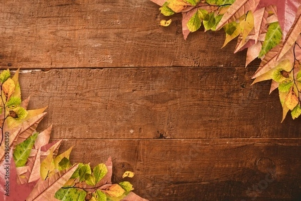 Fototapeta Showing flat design wooden planks edging with maple and yellow-green leaves at corners, copy space