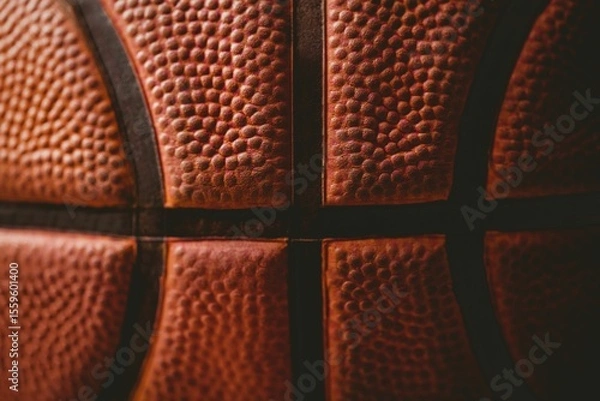 Fototapeta Basketball surface showing pebble-grain leather and black seams in flat design, dark background