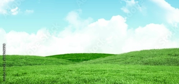 Fototapeta Flat art showing rolling green grass field with hills stretching under bright blue sky with clouds