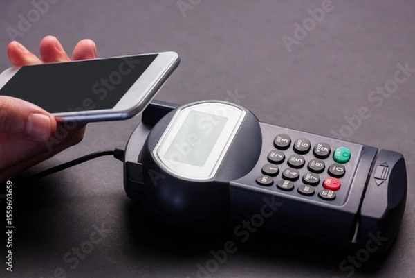 Obraz Man using smartphone to express pay
