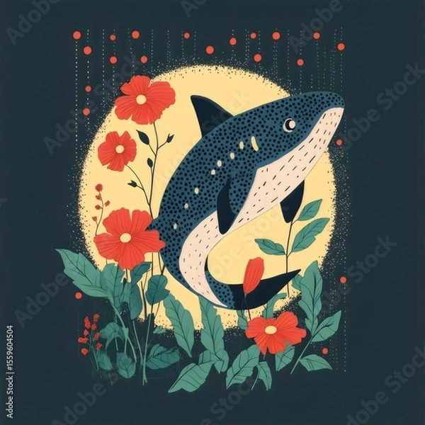 Fototapeta Vintage Style Shark Illustration with Flower and Botanical Patterns in Underwater Art - Colorful Marine Life Graphic Design Featuring Whimsical Floral and Nature Elements with Pink Flowers