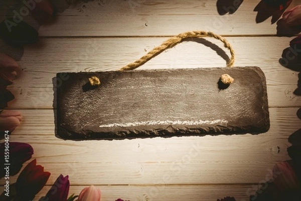 Obraz Flat design slate sign with frayed rope handle is lying on whitewashed planks with tulip border