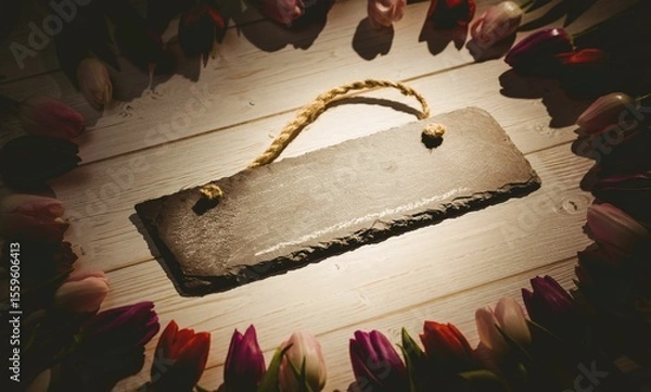Obraz Flat design is showing rough slate sign with rope handle on whitewashed plank, tulip blossom ring