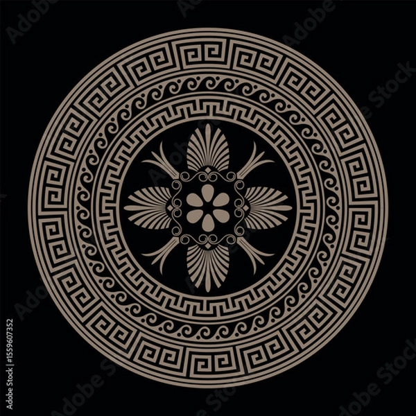 Fototapeta Greek round gold classic frame. Greek key meander border, wave meander. Circle european border. Pattern of Greece, ancient Rome. In the form of wave. Vitruvian wave. For engraving, embroidery, ceramic
