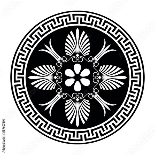 Fototapeta Greek round ornament. Black and white pattern on a white background. Greek pattern. Patterns of Greece and ancient Rome. Circle european border. Typical egyptian, assyrian, greek motives. For ceramics