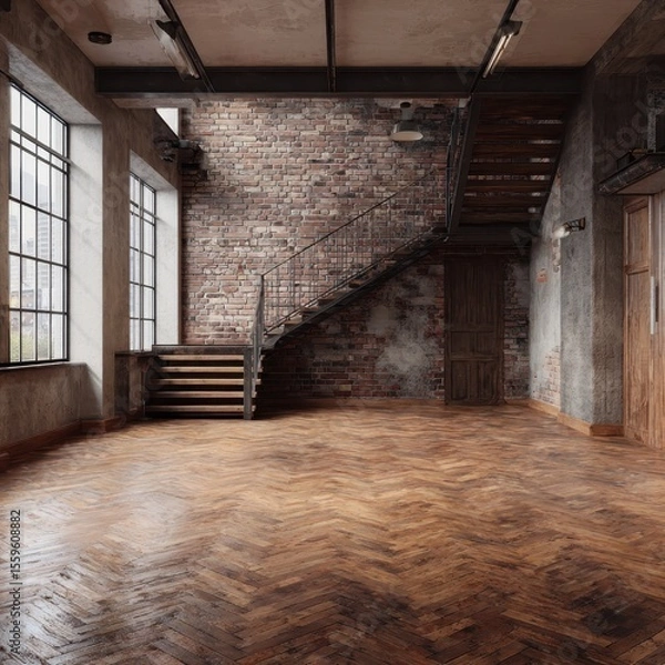 Fototapeta Spacious loft interior with exposed brick wall, hardwood floors, and a metal staircase.  Large windows provide ample natural light