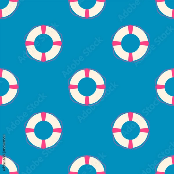 Fototapeta Seamless pattern with lifebuoy on blue background. Marine design. Vector.