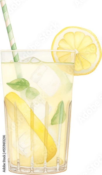 Obraz A glass of lemonade with lemon slices and ice, painted in watercolor. Refreshing design for summer and drink themes.