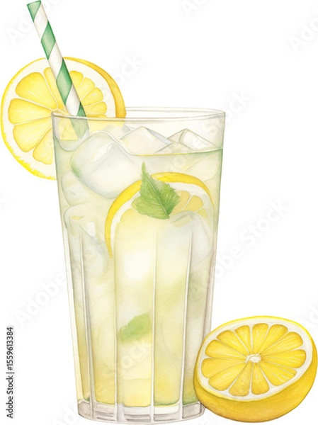 Obraz A glass of lemonade with lemon slices and ice, painted in watercolor. Refreshing design for summer and drink themes.