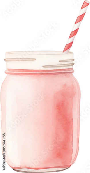 Obraz A pink strawberry smoothie in a glass with garnish. Watercolor illustration suitable for summer dessert and drink design.