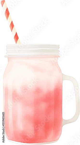 Obraz A pink strawberry smoothie in a glass with garnish. Watercolor illustration suitable for summer dessert and drink design.