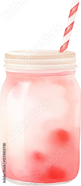 Obraz A pink strawberry smoothie in a glass with garnish. Watercolor illustration suitable for summer dessert and drink design.