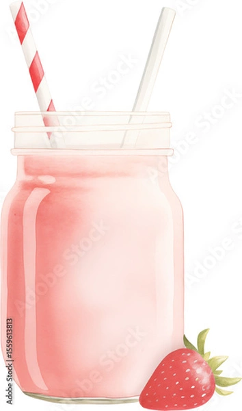 Obraz A pink strawberry smoothie in a glass with garnish. Watercolor illustration suitable for summer dessert and drink design.