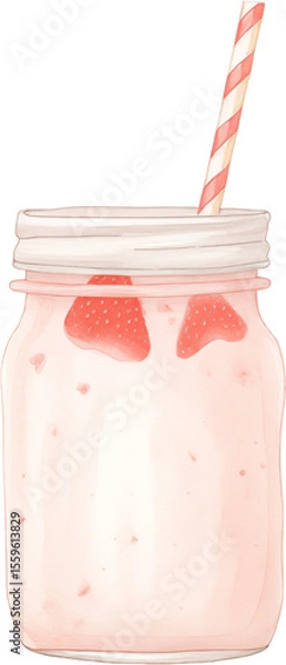 Obraz A pink strawberry smoothie in a glass with garnish. Watercolor illustration suitable for summer dessert and drink design.