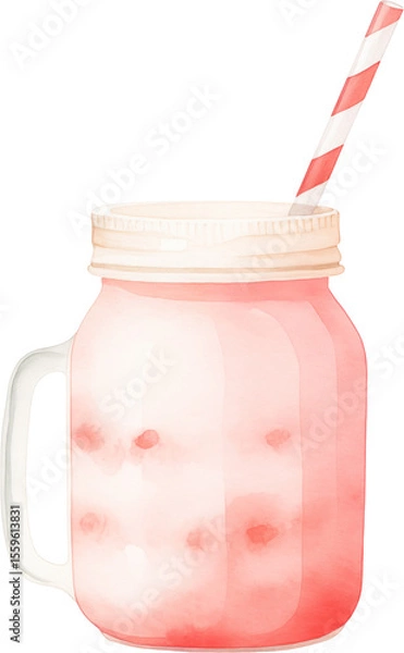 Obraz A pink strawberry smoothie in a glass with garnish. Watercolor illustration suitable for summer dessert and drink design.