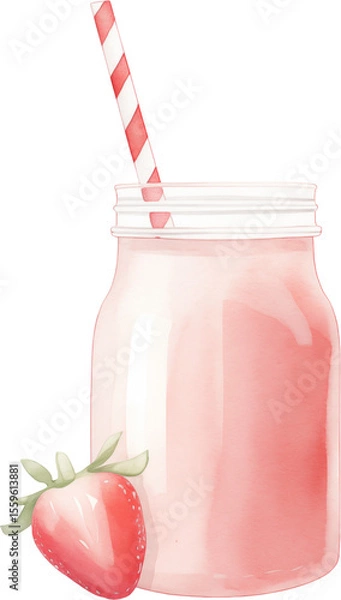 Obraz A pink strawberry smoothie in a glass with garnish. Watercolor illustration suitable for summer dessert and drink design.