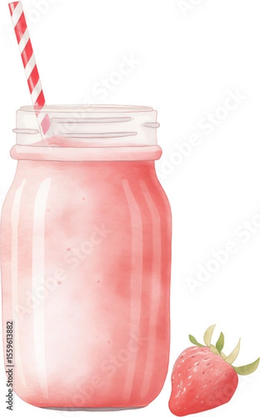 Obraz A pink strawberry smoothie in a glass with garnish. Watercolor illustration suitable for summer dessert and drink design.