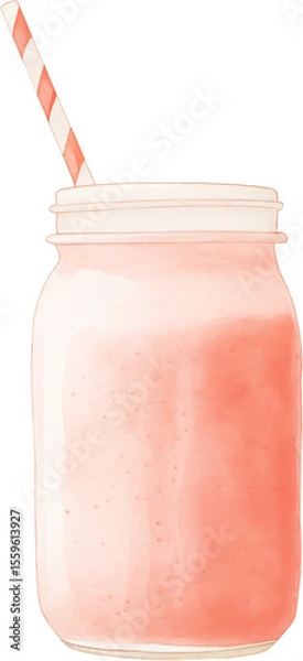 Obraz A pink strawberry smoothie in a glass with garnish. Watercolor illustration suitable for summer dessert and drink design.