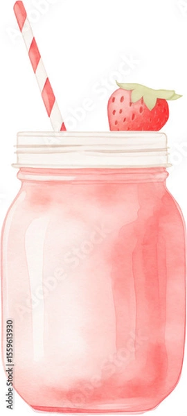 Obraz A pink strawberry smoothie in a glass with garnish. Watercolor illustration suitable for summer dessert and drink design.