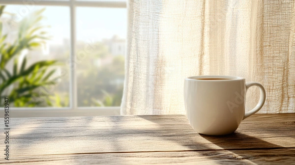 Fototapeta Serene coffee cup sits on wooden table, illuminated by soft sunlight through sheer curtains