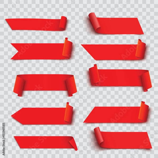 Fototapeta Red Realistic Paper Ribbons and Banners Set with Curled Edges Vector illustration