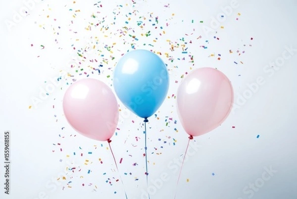 Fototapeta Helium balloon drifting on confetti storm, clean white background, birthday party layout