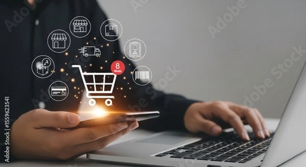 Fototapeta Online Shopping Icons Around Cart Notification Above Smartphone with Laptop