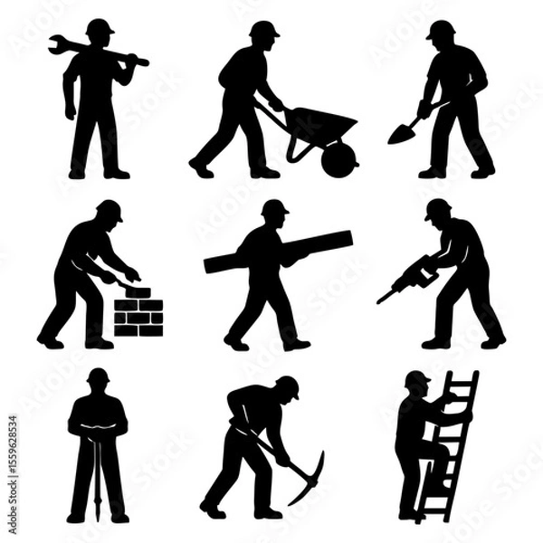 Fototapeta Silhouettes of construction workers performing various tasks, including bricklaying, digging, and using tools.