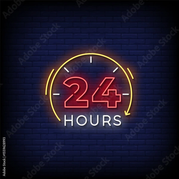 Obraz 24 hours neon sign with brick wall background vector
