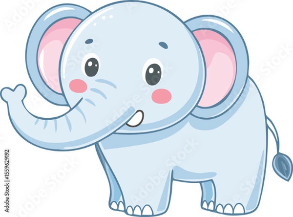 Obraz Cute cartoon elephant with big ears, pink cheeks, and a friendly expression, waving its trunk.