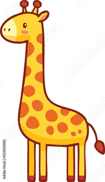 Obraz Cartoon giraffe standing upright with a long neck and spotted coat, smiling.