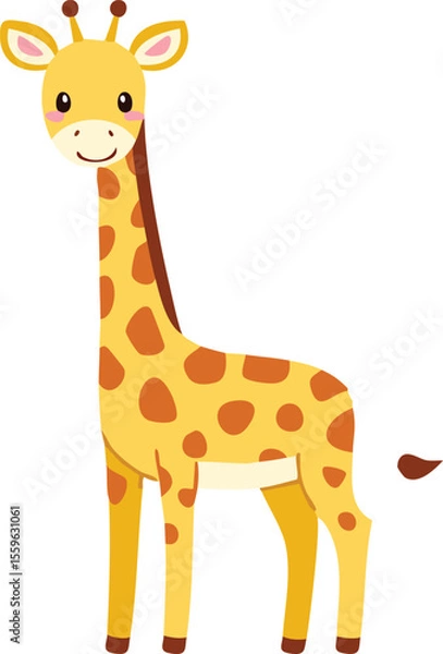 Obraz A cheerful cartoon giraffe stands, showcasing its distinctive spots and long neck.