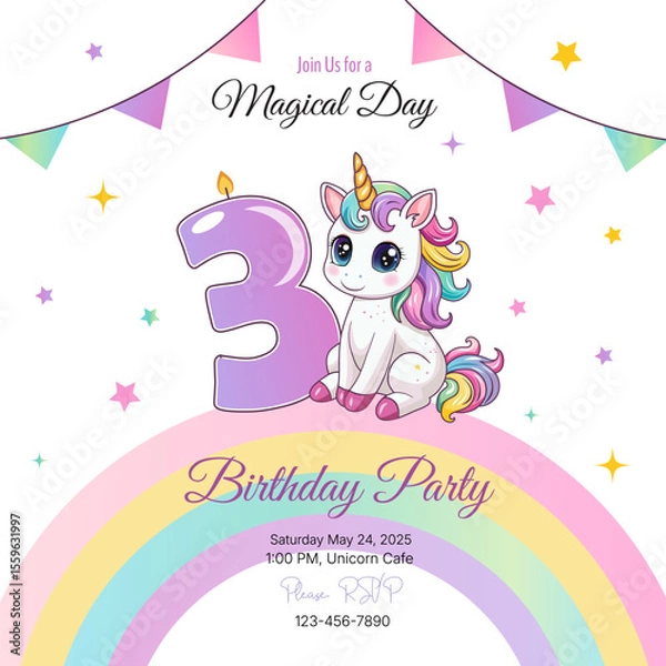 Fototapeta An invitation to a birthday party. Cute unicorn with the number 3. Vector illustration.