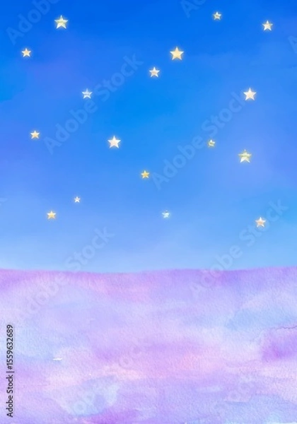 Fototapeta 星がキラキラ輝く夜空の下にラベンダー畑が広がるロマンティックな背景素材。水彩イラスト。