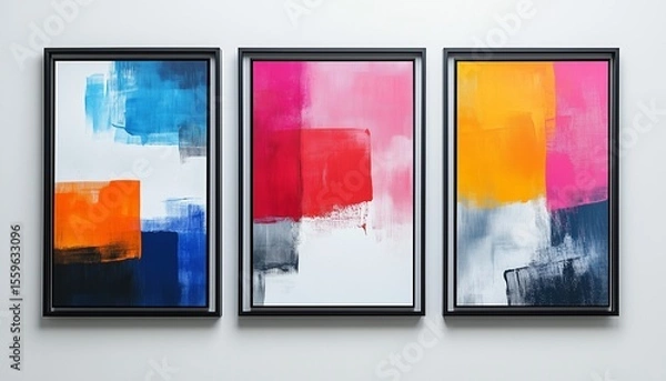 Fototapeta Three Abstract Color Block Paintings with black frames displayed on a white wall