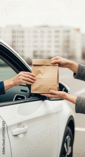 Fototapeta Delivery Service Action Food Hand-off at a Drive-Thru Urban Setting Lifestyle Viewpoint Convenience Concept for Quick Meal Options