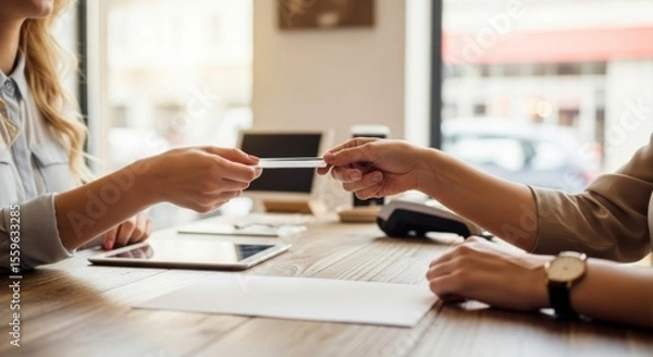 Fototapeta Business Transaction Between Two Women Coffee Shop Lifestyle Image Urban Environment Close-Up View Professional Interaction for SEO