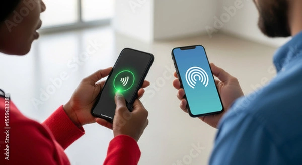 Fototapeta Seamless Mobile Payment Exchange Modern Office Digital Interaction Minimalist Environment Close-up View Technology Innovation