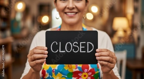 Fototapeta Local Business Closure Announcement Store Owner Holding Closed Sign Community Shop Informative Image Cozy Atmosphere Close-up Impact of Small Business Challenges