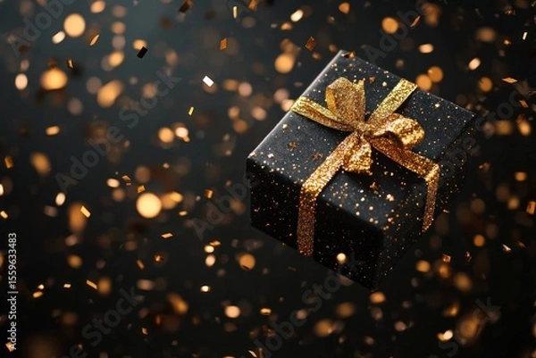 Fototapeta Dark holiday greeting card with black and gold 3D present and confetti