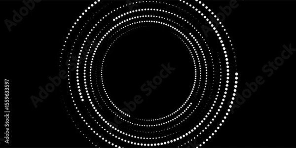 Fototapeta Abstract background in circle shape with dynamic halftone dots like arrows. same white shape on black side.