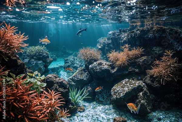 Fototapeta Underwater scene with coral reefs, small fish, and natural rocks in clear blue water, lit by sun rays filtering through the surface.