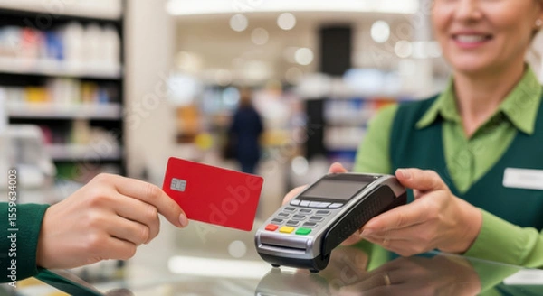 Fototapeta Payment Transaction at Retail Store Modern Setting Point of Sale Interaction Customer Service Environment Close-Up View Financial Management Concept