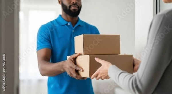 Fototapeta Delivery Action Courier Hands Over Packages to Customer at Home Lifestyle Scene Warm Indoor Environment Close-Up Viewpoint Convenience Concept