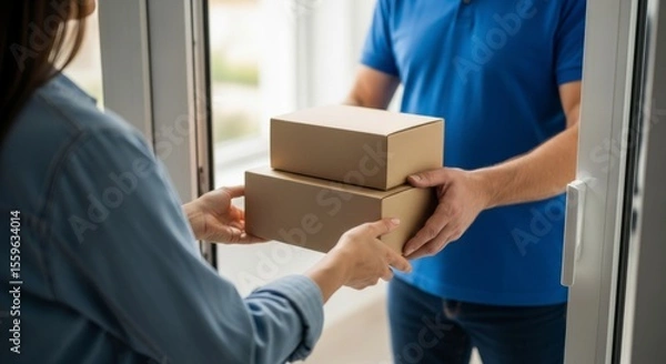 Fototapeta Delivery Person Hands Over Packages to Customer at Home Entrance Residential Setting Action Scene Close-Up View Concept of Convenience and Online Shopping