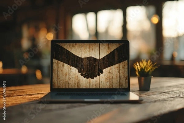 Obraz Laptop Displaying Handshake Gesture During Video Call in Cozy Coffee Shop Setting